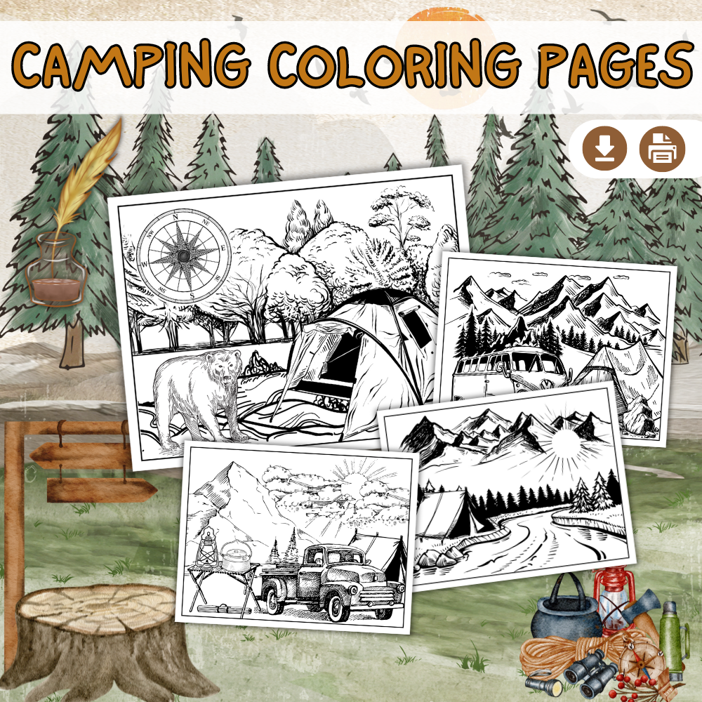 Camping Coloring Activity Pages 2 Pack Bundle