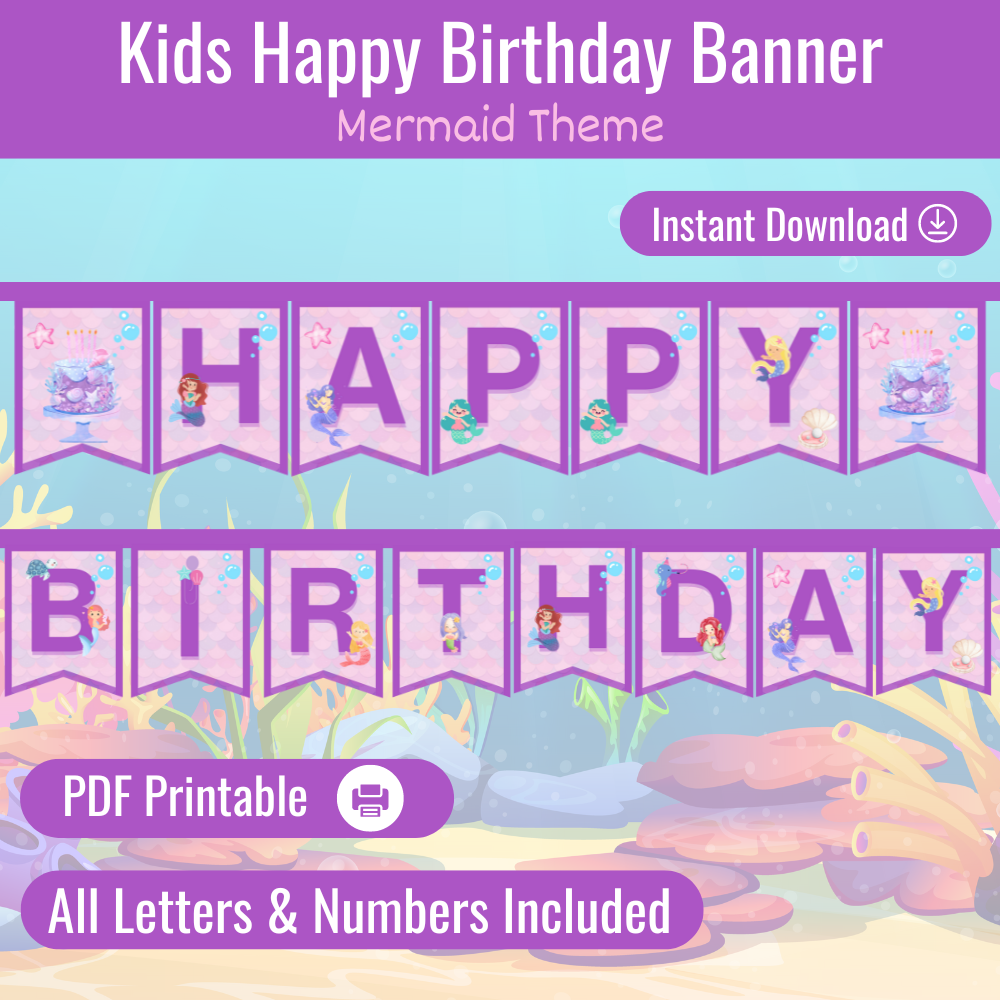 Kids Happy Birthday Banner - Mermaid Theme - Instant Digital Download