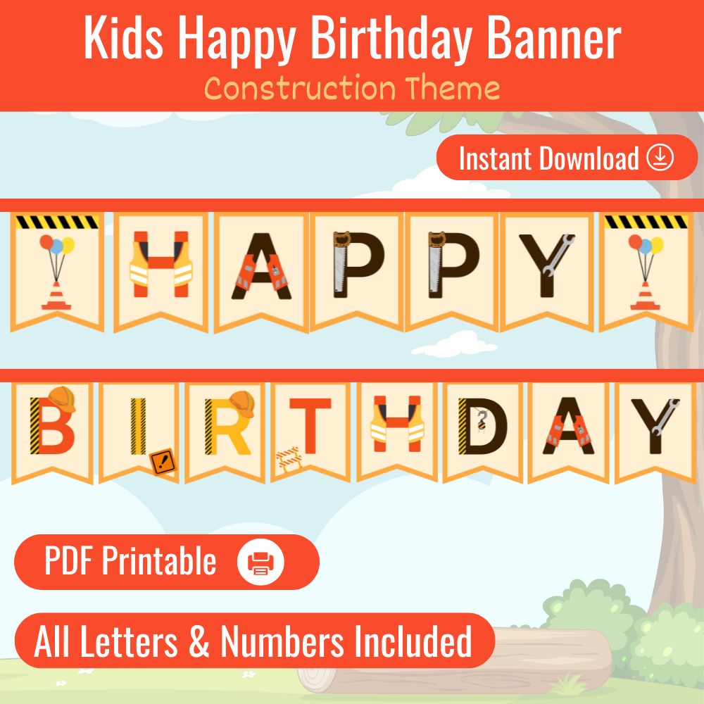 Kids Happy Birthday Banner - Construction Theme